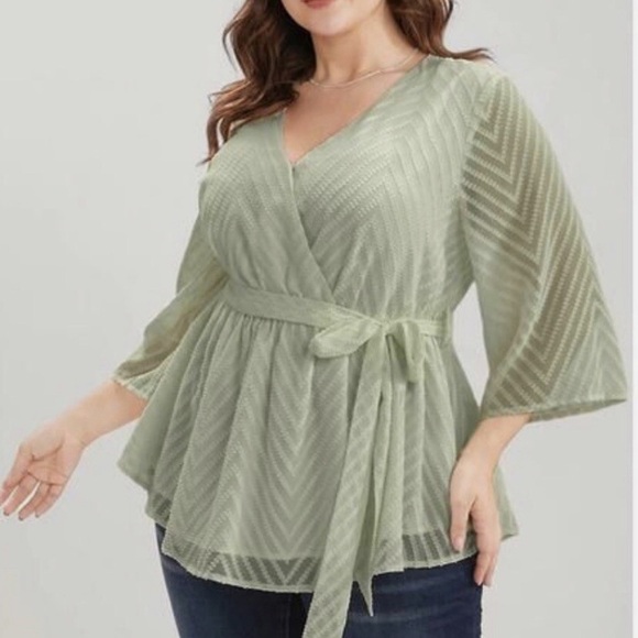 Bloomchic Geometric Mesh Surplice Neck Belted Ruffles Blouse - Picture 3 of 5